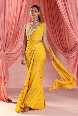 Luna mustard yellow pre-stitched tiered saree and blouse