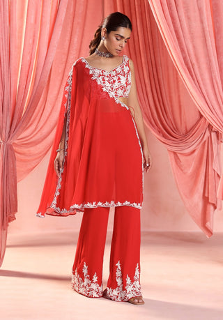 Olivia red camitop, asymmetric cape and pants