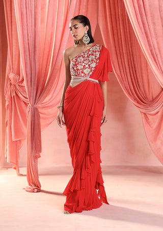 Amelia red pre-stitched ruffle saree set