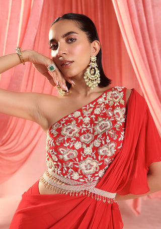 Amelia red pre-stitched ruffle saree set