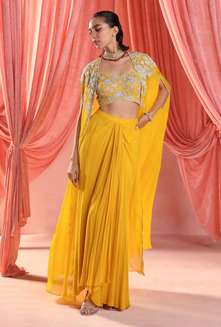 Avril mustard yellow cape, blouse and draped skirt