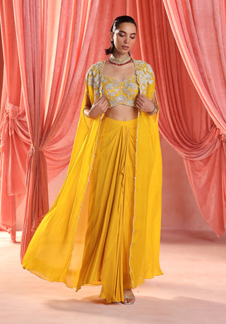 Avril mustard yellow cape, blouse and draped skirt