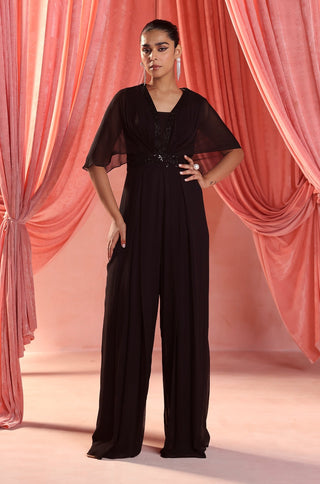 Elnora black draped pleated jumpsuit