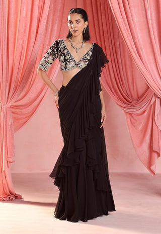 Mia black stitched ruffle saree and blouse