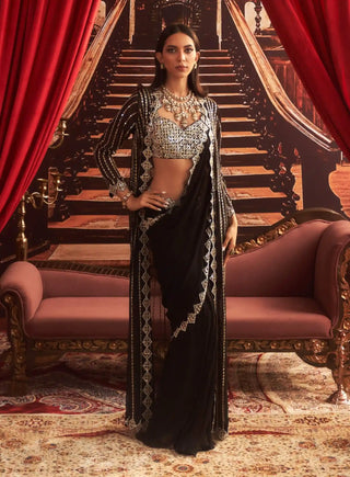 Naina black embellished choli, jacket and pre-draped saree