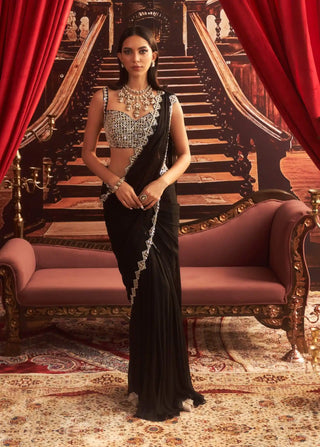 Naina black embellished choli, jacket and pre-draped saree