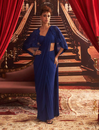 Sheila electric blue saree and cape set