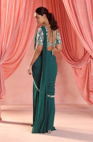 Nyna emerald green stitched saree and blouse