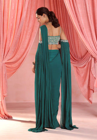 Adriana emerald green pre-stitched saree and blouse