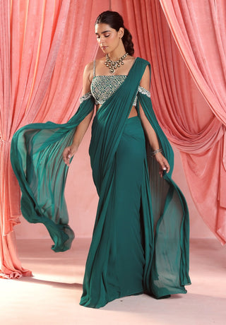 Adriana emerald green pre-stitched saree and blouse