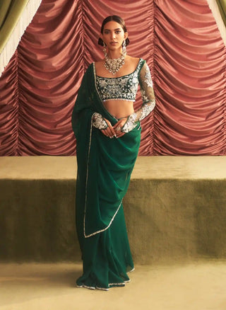 Anjali emerald green choli, organza saree and petticoat