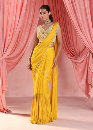 Luna mustard yellow pre-stitched tiered saree and blouse