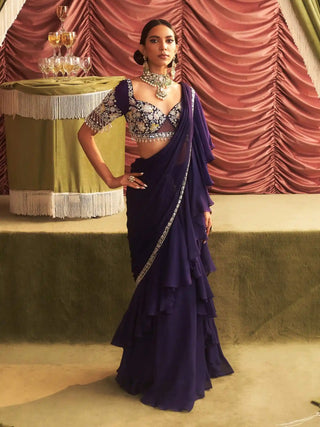 Pushpa purple choli and pre-draped ruffle saree