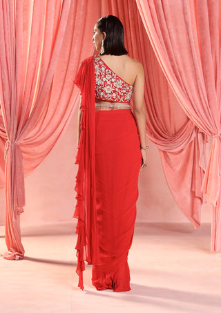 Amelia red pre-stitched ruffle saree set