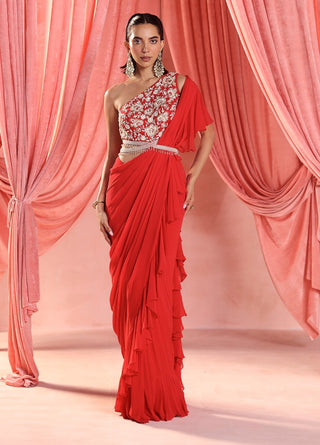 Amelia red pre-stitched ruffle saree set