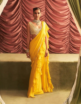 Chitra yellow choli and pre-draped ruffle saree