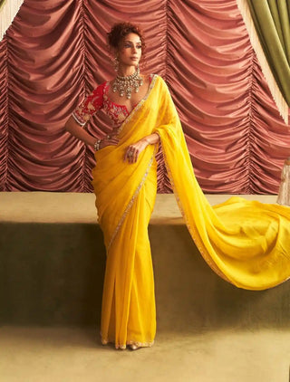 Usha yellow embellished choli, organza saree and petticoat