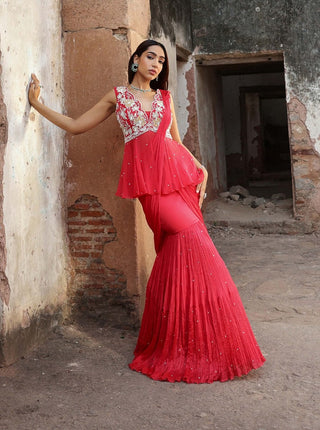 Nikhita coral pink pre-stitched saree and peplum - Nikhita coral pink pre-stitched saree - Seema Thukral - Available at Mrs. G