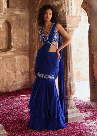 Ayesha electric blue pre-stitched saree and choli - Ayesha electric blue pre-stitched saree - Seema Thukral - Available at Mrs. G