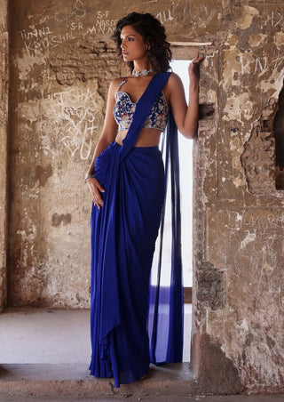 Nadira electric blue draped concept saree and cholii - Nadira electric blue draped concept saree - Seema Thukral - Available at Mrs. G