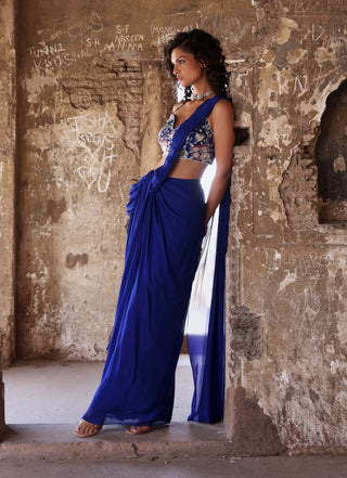 Nadira electric blue draped concept saree and cholii - Nadira electric blue draped concept saree - Seema Thukral - Available at Mrs. G