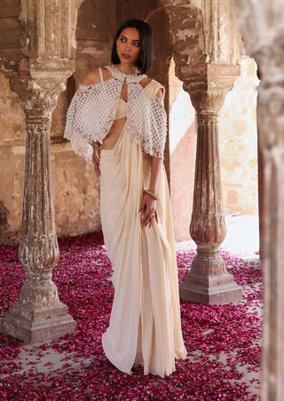 Diya ivory pre-stitched saree with cape and choli - Diya ivory pre-stitched saree - Seema Thukral - Available at Mrs. G