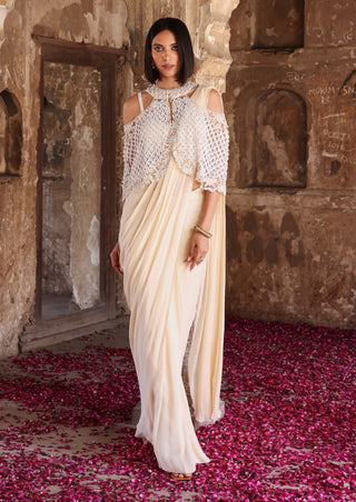 Diya ivory pre-stitched saree with cape and choli - Diya ivory pre-stitched saree - Seema Thukral - Available at Mrs. G