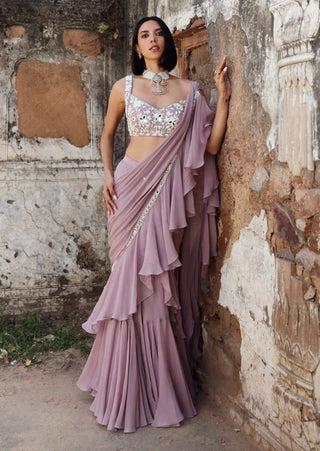 Niharika lilac pre-stitched ruffle saree and blouse - Niharika lilac pre-stitched ruffle saree - Seema Thukral - Available at Mrs. G