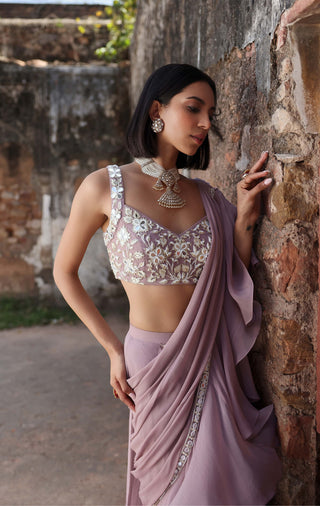 Niharika lilac pre-stitched ruffle saree and blouse - Niharika lilac pre-stitched ruffle saree - Seema Thukral - Available at Mrs. G