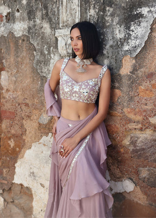 Niharika lilac pre-stitched ruffle saree and blouse - Niharika lilac pre-stitched ruffle saree - Seema Thukral - Available at Mrs. G