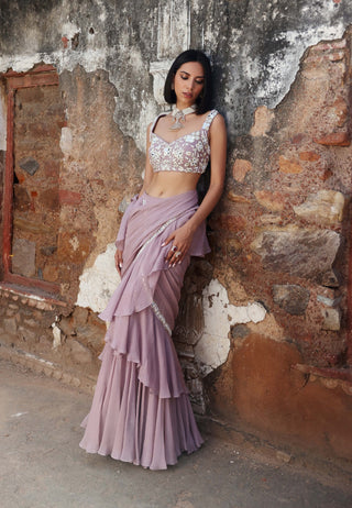 Niharika lilac pre-stitched ruffle saree and blouse - Niharika lilac pre-stitched ruffle saree - Seema Thukral - Available at Mrs. G