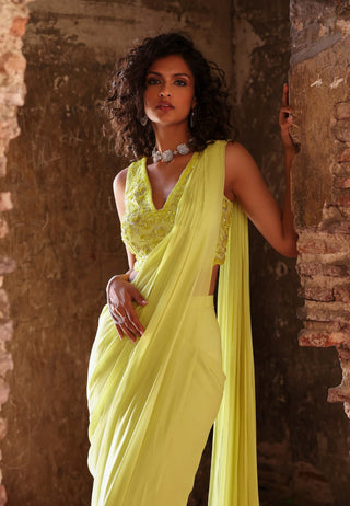 Keva neon green pre-stitched saree with choli and jacket - Keva neon green pre-stitched saree - Seema Thukral - Available at Mrs. G