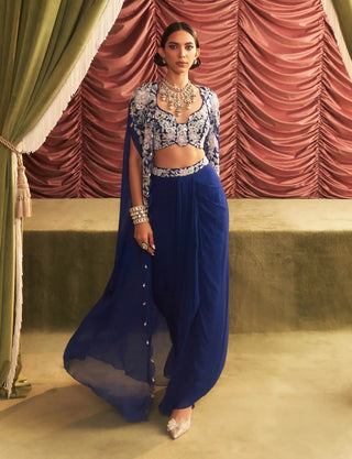 Chikni electric blue embellished cape, choli and draped skirt set