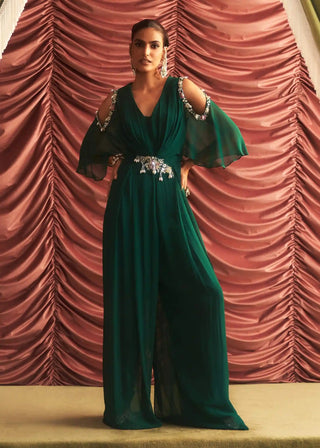 Sheetal emerald green embellished draped jumpsuit