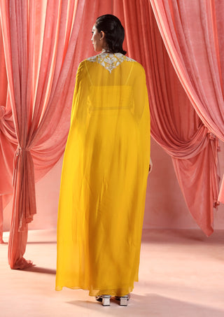 Avril mustard yellow cape, blouse and draped skirt