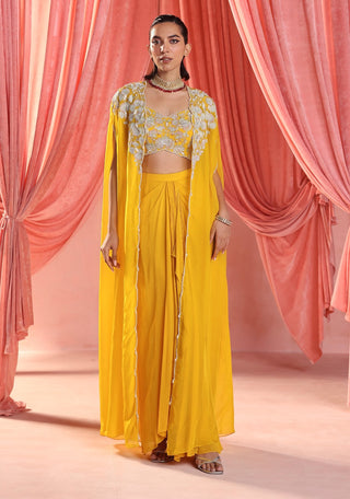 Avril mustard yellow cape, blouse and draped skirt