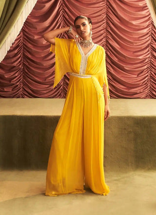 Manju yellow embellished draped jumpsuit