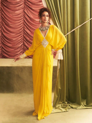 Kavita yellow embellished draped full length dress