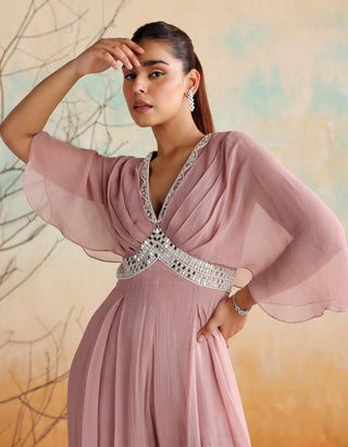 Dusty pink draped pleated jumpsuit with belt