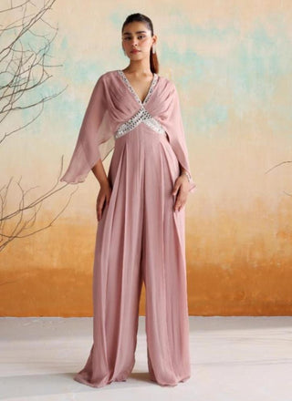 Dusty pink draped pleated jumpsuit with belt