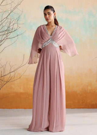 Dusty pink draped pleated jumpsuit with belt