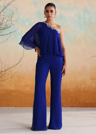 Electric blue one-shoulder embellished top with flared pants