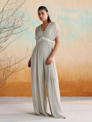 Gray draped pleated jumpsuit with belt