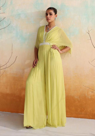 Neon green draped pleated jumpsuit with belt