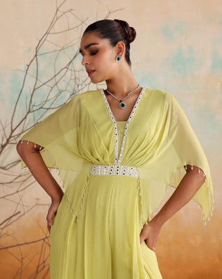 Neon green draped pleated jumpsuit with belt