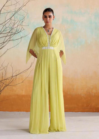 Neon green draped pleated jumpsuit with belt