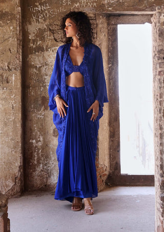 Myra electric blue cape with draped skirt and choli