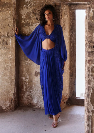 Myra electric blue cape with draped skirt and choli