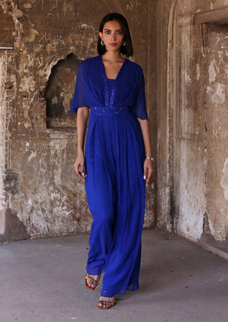 Audrey electric blue pleated draped jumpsuit