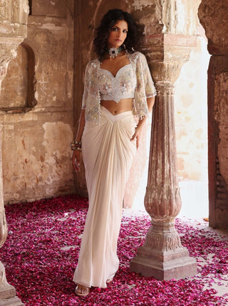 Keya ivory jacket with choli and draped skirt